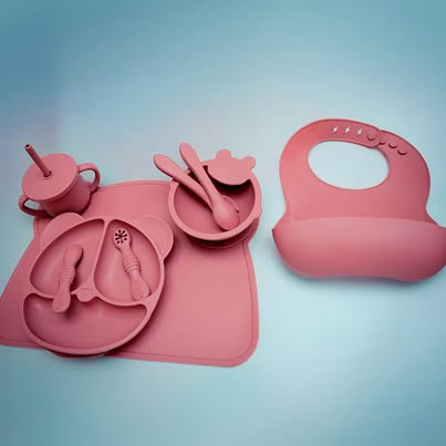 NEW 9-Piece Silicone Baby Feeding Set - Suction Plate & Bowl, Bib, Straw Cup + Utensils - BPA Free
