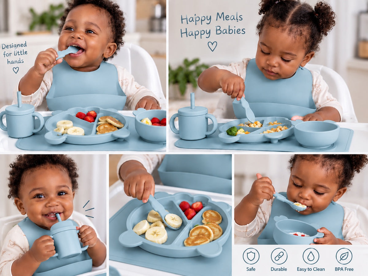 NEW 9-Piece Silicone Baby Feeding Set - Suction Plate & Bowl, Bib, Straw Cup + Utensils - BPA Free