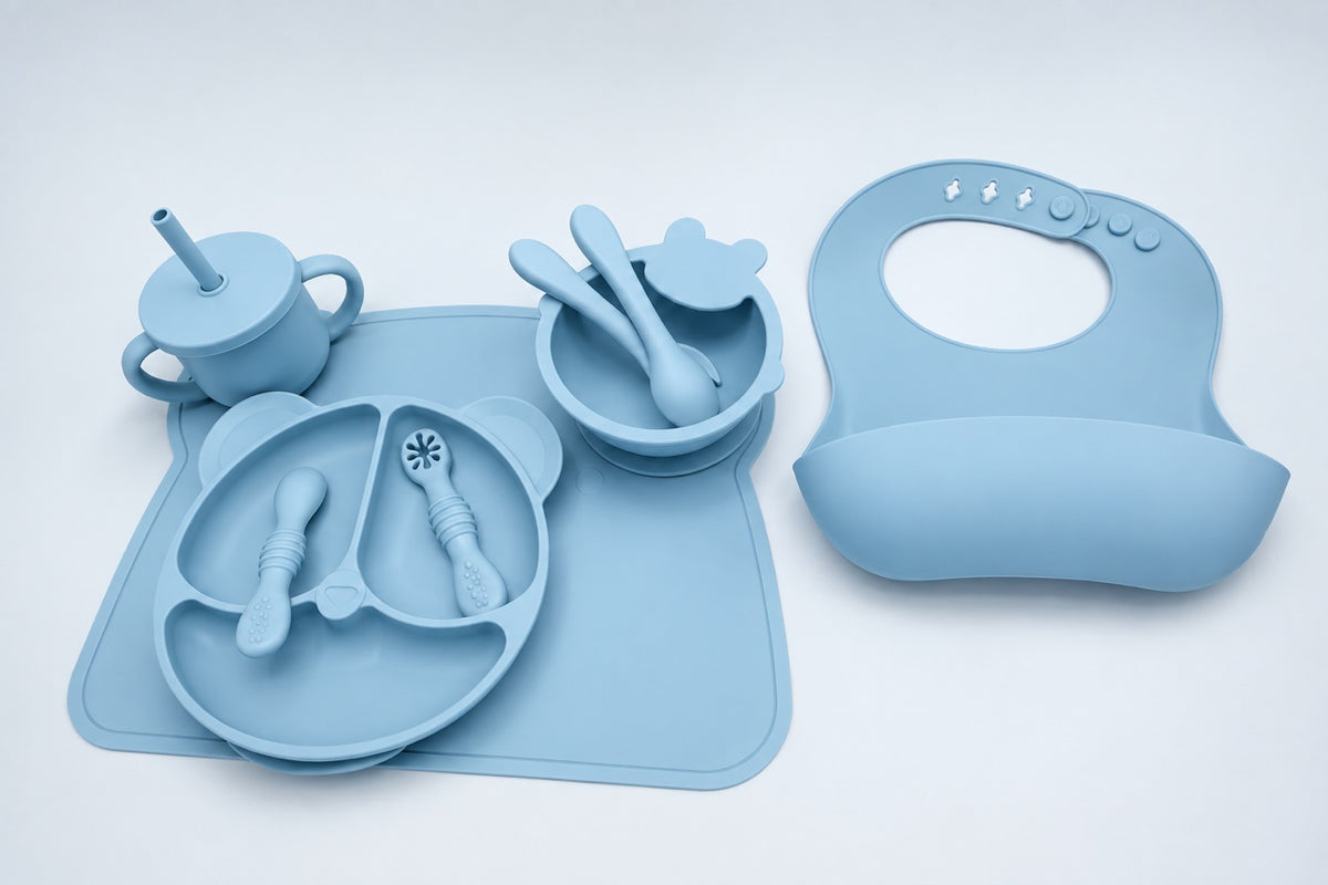 NEW 9-Piece Silicone Baby Feeding Set - Suction Plate & Bowl, Bib, Straw Cup + Utensils - BPA Free