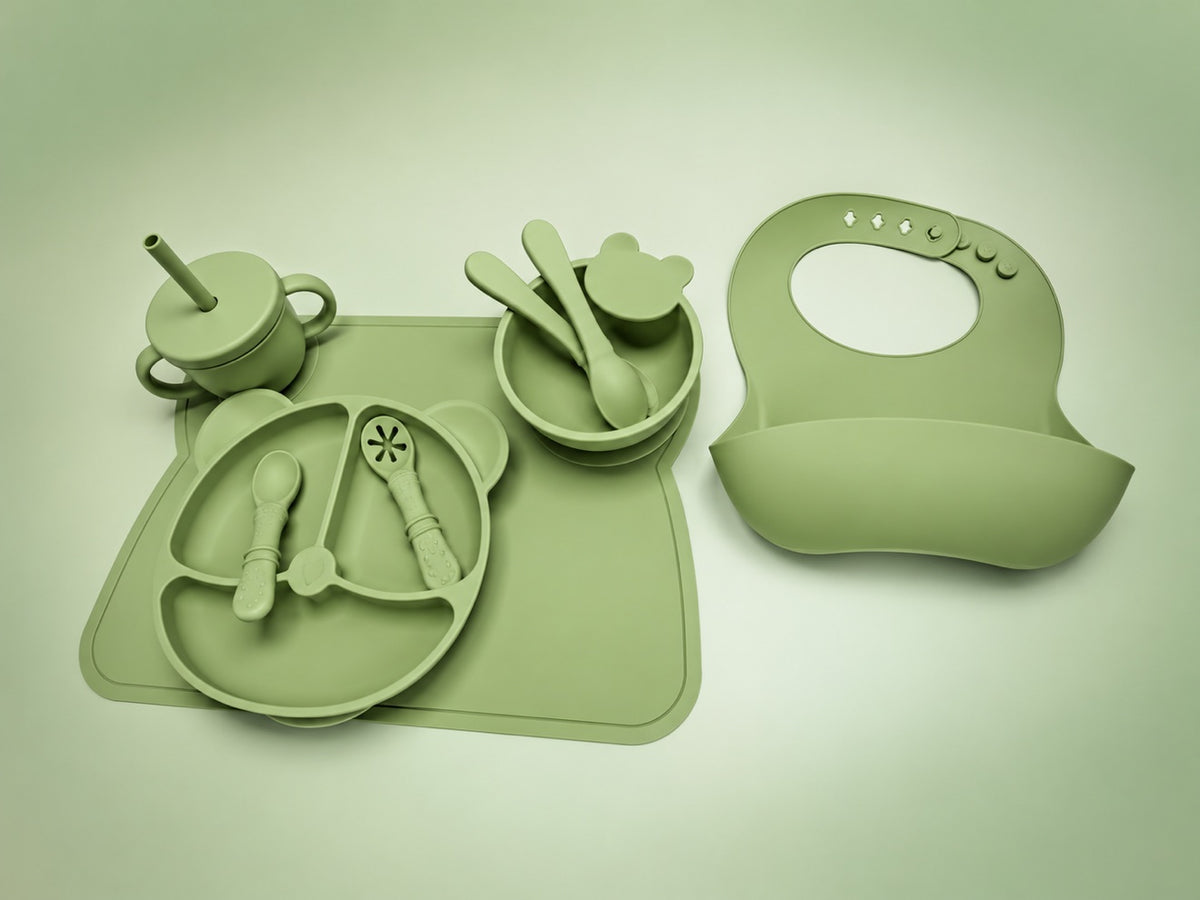 NEW 9-Piece Silicone Baby Feeding Set - Suction Plate & Bowl, Bib, Straw Cup + Utensils - BPA Free